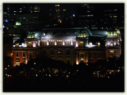 Nakanoshima Public Hall illuminated at night